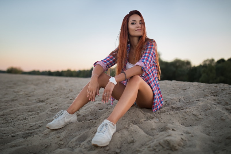 nature, blue, women on beach, 1080P, sand, relaxation, land, s, beautiful woman, red, beach, full length, casual clothing, sky, smiling, sitting, sunset