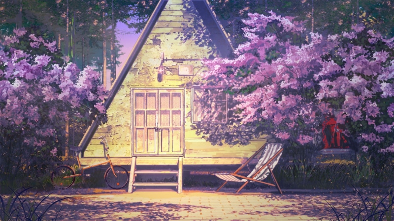 Everlasting Summer, park, cherry blossom, painting, purple, nature, day, blossom, triangle, cherry tree, outdoors, hammocks, flowering plant, bench, springtime