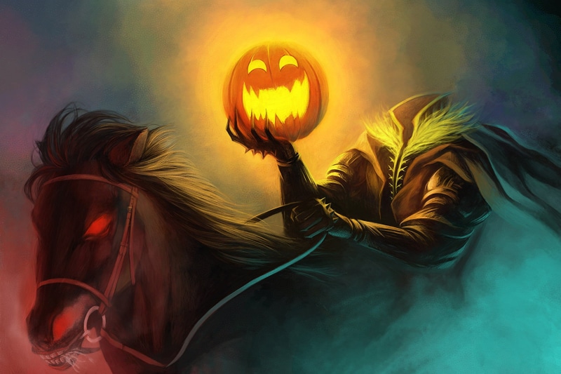 emotion, 1080P, headless, art and craft, illuminated, lantern, art, long hair, wall - building feature, Halloween, spooky, hairstyle, horseman, women
