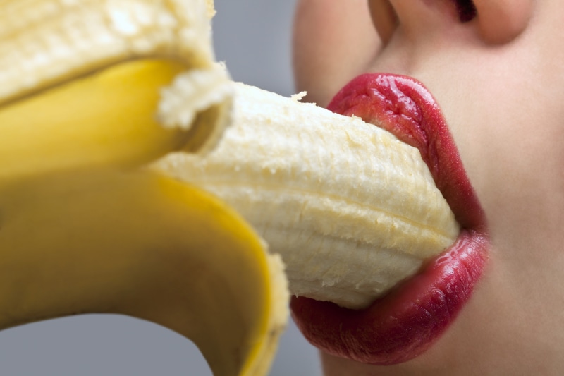 mouth open, close-up, indoors, banana, one person, ripe, eat, yellow, adult, eating, lipstick, women, human mouth, human lips, mouth, temptation, healthy eating
