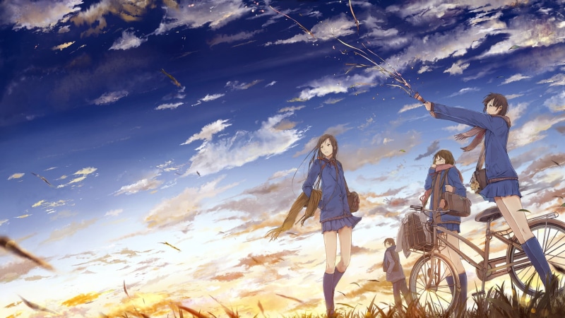 sunset, group of people, school uniform, sunlight, women, females, character, outdoors, clouds, family, casual clothing, 1080P, anime, standing, grass