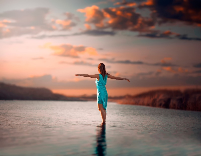 1080P, redhead, dom, women on beach, wet clothing, orange sky, women, in water, enjoying, blue dress