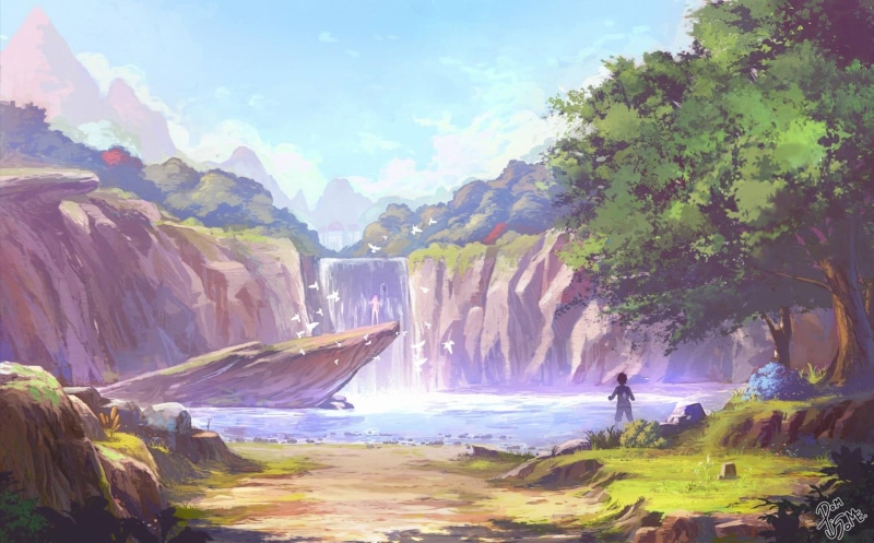 Scenery, Boy, Waterfall, Anime, Lake, Original, 1080P, Nature, Sky
