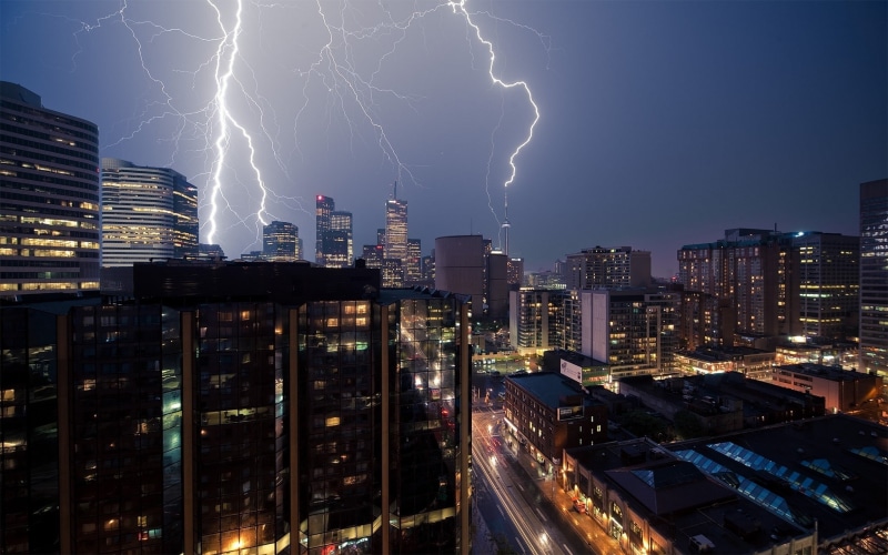 illuminated, no people, urban, 2K, night, Toronto, city, lightning, built structure, power, building, sky, architecture, cloud - sky, skyscraper, storm