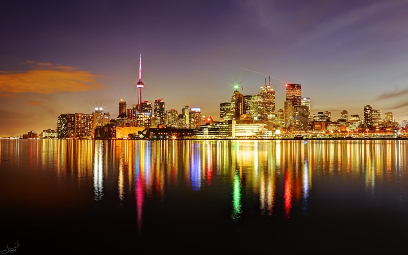 Polson Pier, night, Canada, reflection, f/1.4, 35mm, 1080P, dusk, waterfront, architecture, sunset, office Building, Toronto  Ontario, tower, cityscape