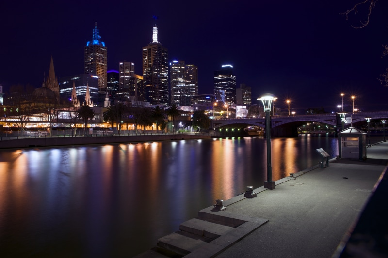 river, modern  architecture, skyscraper, melbourne  city, at night, urban Scene, 5K, river bank, black sky, illuminated, city, architecture, cityscape