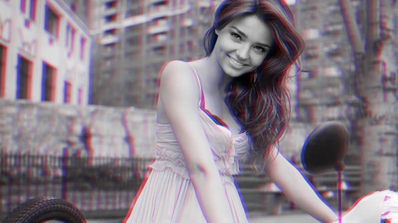 beautiful woman, digital, beauty, hairstyle, city life, front view, Miranda Kerr, looking, adult, anaglyph 3D, three quarter length, standing, young adult