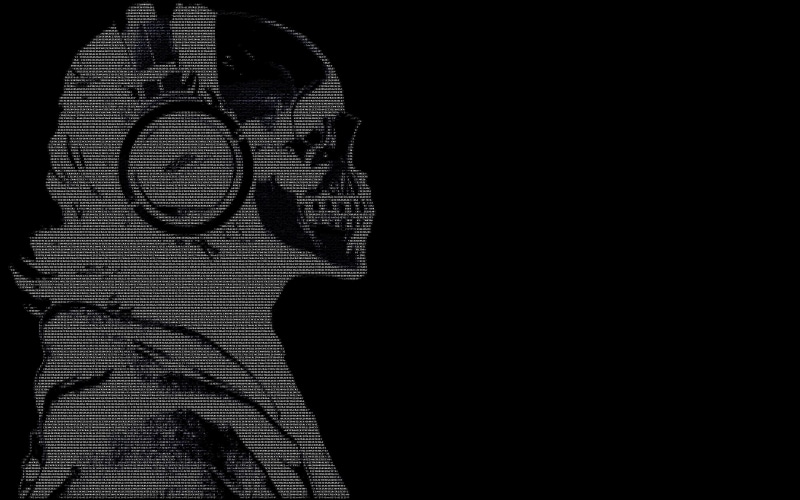 skulls, 4K, hackers, dark, text, guy, ascii, black, headphones