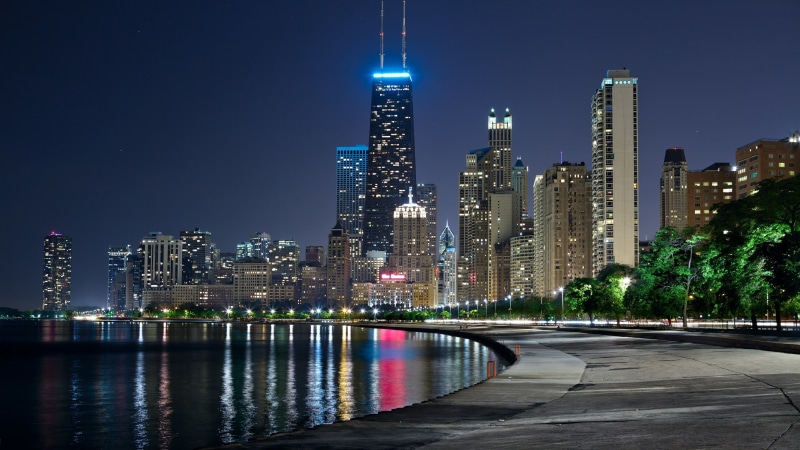 john hancock center, sky, ilinois, tower block, usa, reflection, cityscape, promenade, skyline, city, 4K, metropolis, united states, night, city lights