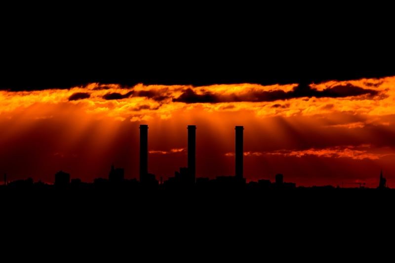 fuel and power generation, emitting, air pollution, architecture, smoke - physical structure, built structure, factory, silhouette, sunset, atmospheric