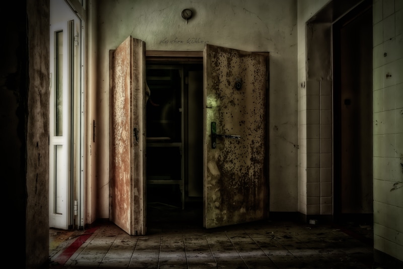 the morgue, lapsed, ruined, old building, lost places, cold room, atmosphere, death, door, white, cooling house, home, body cooling system, window, decay
