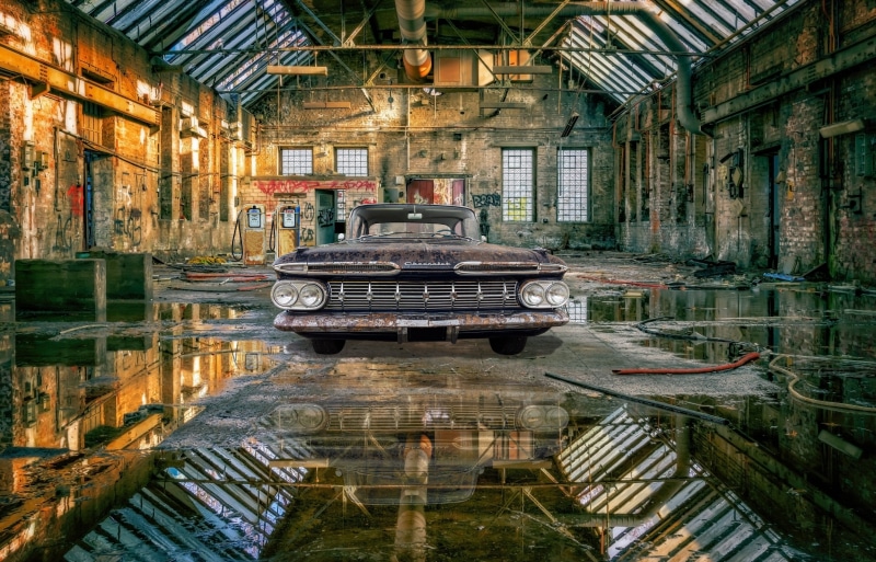 abandoned, reflection, composing, 5K, architecture, chevrolet, abandoned places, transportation, factory building, waterfront, graffiti, mirroring, outdoors