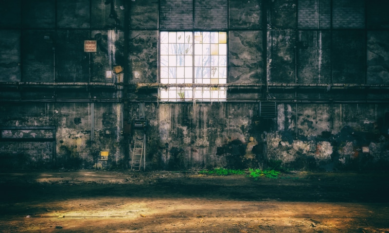 run-down, mood, damaged, factory building, black, concrete, weathered, decline, ruin, light, architecture, abandoned, glass - material, gloomy, hall, ruined