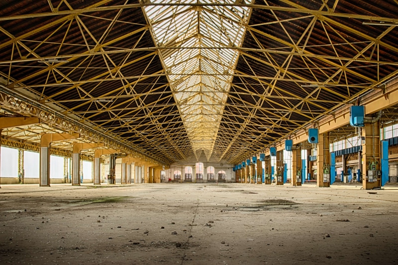 roof, mirroring, building, metal, lost places, symmetry, abandoned, built structure, lapsed, domestic room, pforphoto, day, break up, factory, construction industry