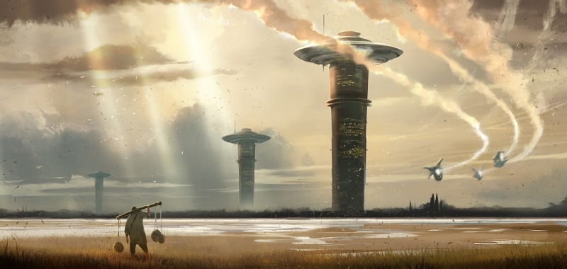science fiction, industry, screenshot, nature, environmental issues, pollution, sky, cloud - sky, architecture, environment, outdoors, water, smoke stack