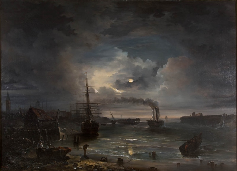 painting, boat, smoke - physical structure, power in nature, cloud - sky, nautical vessel, 720P, clouds, environment, Moon, air pollution, environmental issues