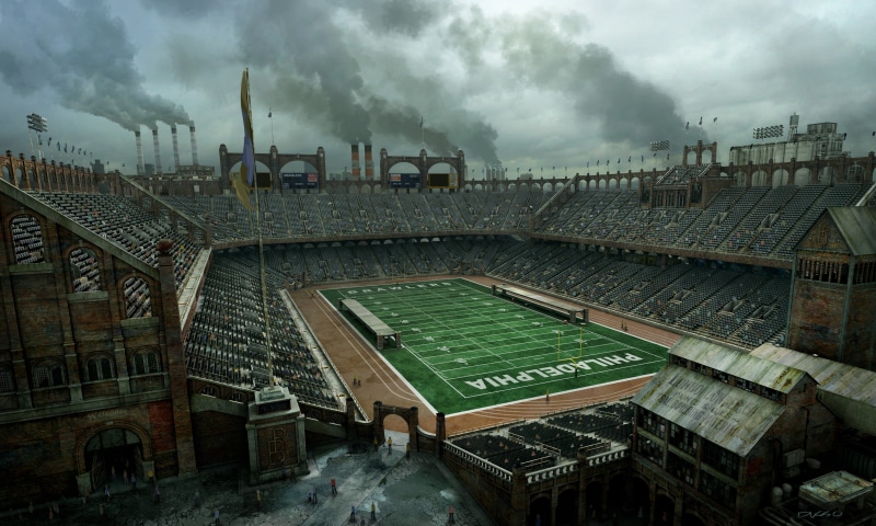 sports, stadium, Philadelphia, no people, environment, smoke - physical structure, built structure, sky, field, damaged, high angle view, industrial, demolished