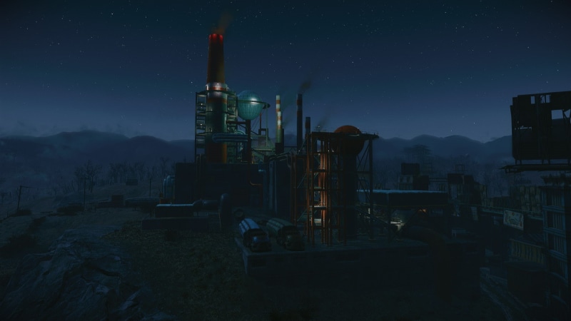 night, architecture, Fallout 4, no people, dusk, space, astronomy, building, outdoors, fuel and power generation, illuminated, nature, sky, smoke - physical structure