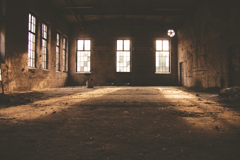 architecture, interior, creepy, shadow, house, 5K, ceiling, flooring, empty, absence, building, built structure, run-down, light, old factory, dust, wall