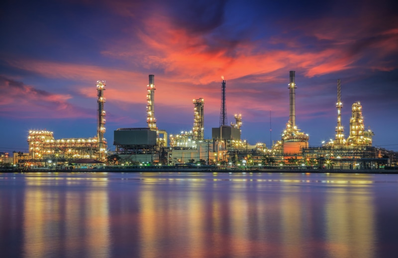 buildings, industry, nature, sky, tower, environment, illuminated, business, oil refinery plant, building exterior, oil industry, architecture, water, reflection