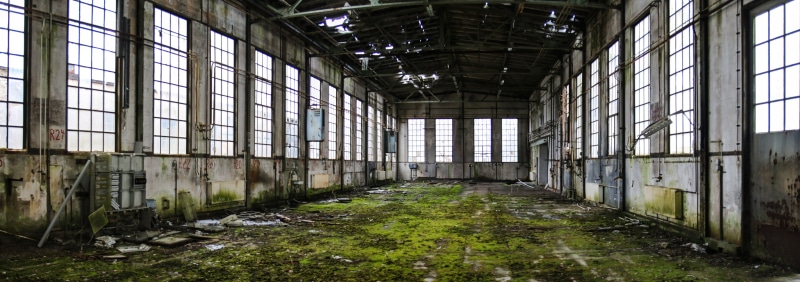 room, green, hall, building, messy, decay, leave, obsolete, window, warehouse, indoors, architecture, damaged, factory, dirt, broken, 8K, entrance hall