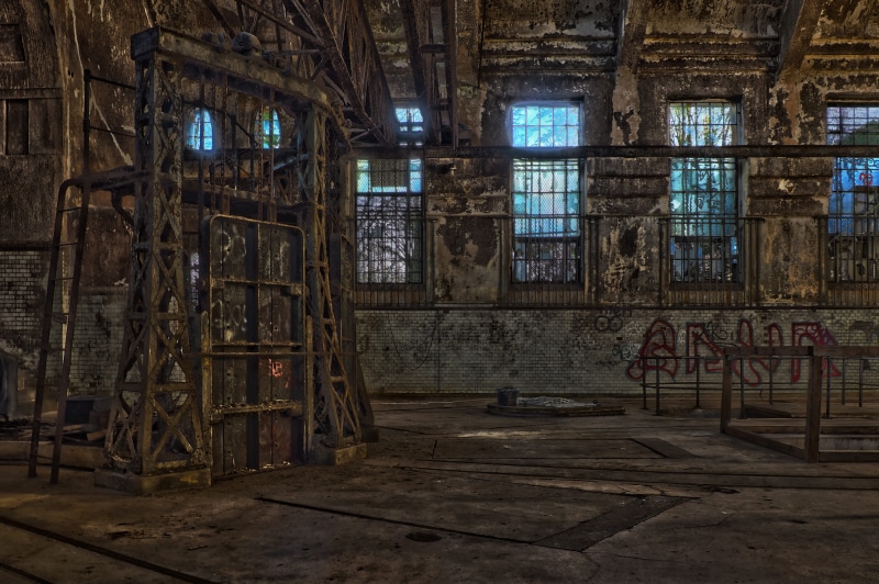 lighting equipment, architecture, past, factory, hall, transience, graffiti, waterworks, factory building, hdr, industrial plant, ruin, mood, industry