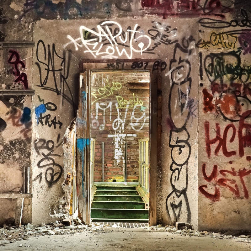 weird, art and craft, no people, mural, dirt, end, neglected, weathered, ruin, atmosphere, dark, closed, transient, mood, western script, broken, old factory