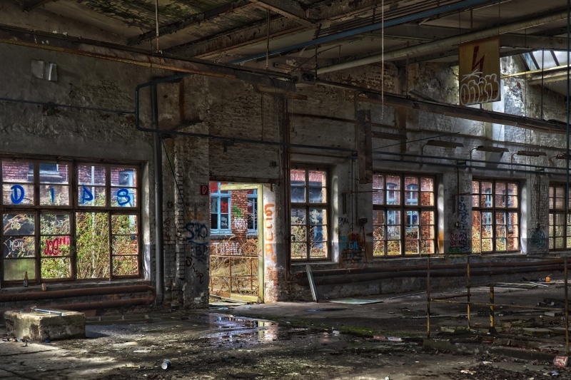 run down, hall, old factory, dilapidated, ailing, shadow, gray, obsolete, deterioration, architectural column, past, decline, abandoned, factory, building