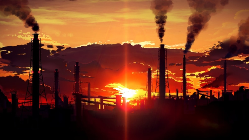 sun, built structure, no people, air pollution, cloud - sky, chimney, lens flare, 1080P, smoke, beauty in nature, smoke - physical structure, sunset, orange color