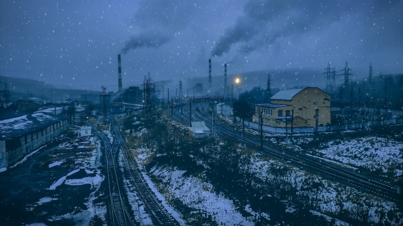 factory tubes, snow, railway, blue, digital art, sky, factories, snowing, building, 1080P, winter, industrial, smoke, dirt, environment
