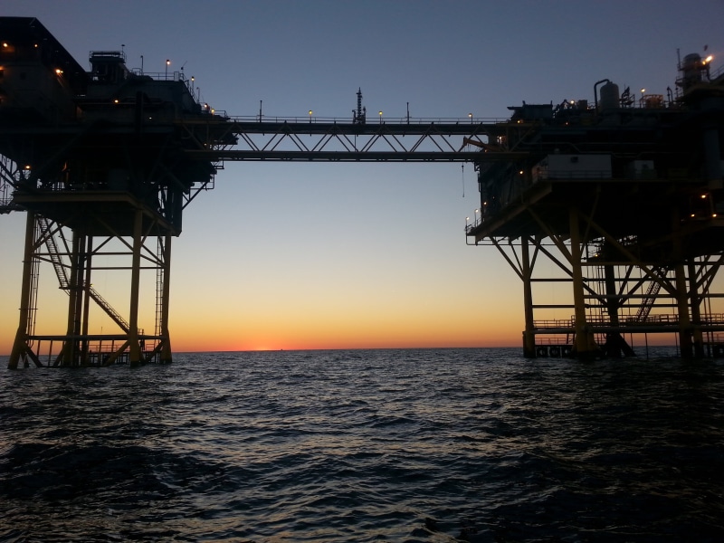 offshore, orange color, horizon over water, sunset, oil Industry, architecture, scenics - nature, waterfront, beauty in nature, buildings, metal, industry