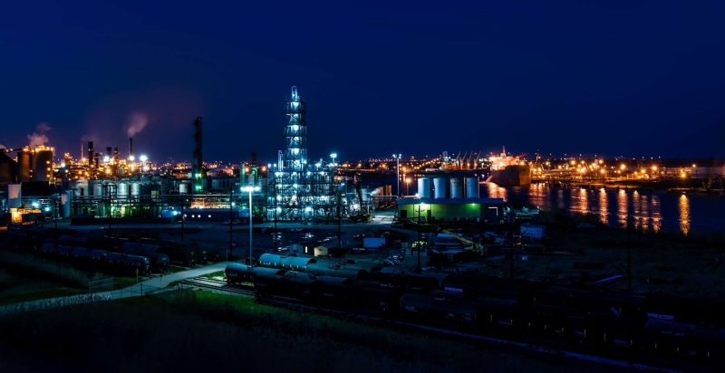 panorama, no people, nature, pollution, built structure, industrial, transportation, distillation, factory, chemical plant, 1080P, evening, petrochemical