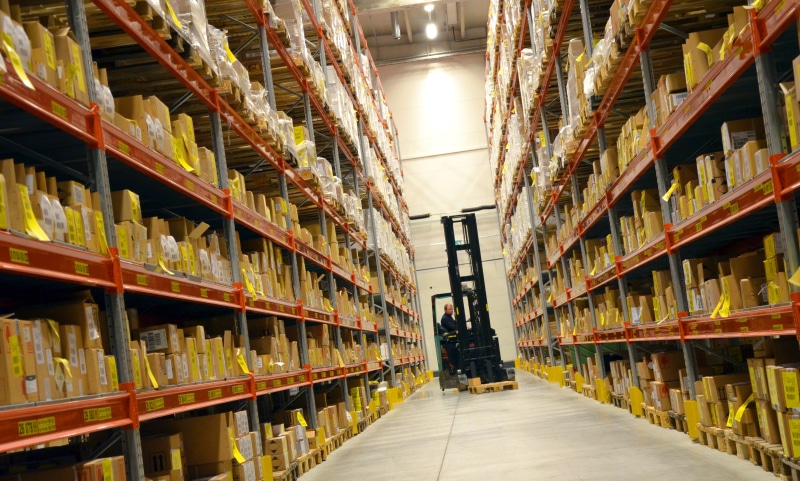 profession, industry, food and drink, distribution warehouse, aisle, architecture, occupation, forklift, trade, business, lift, box, shelf, fork, working