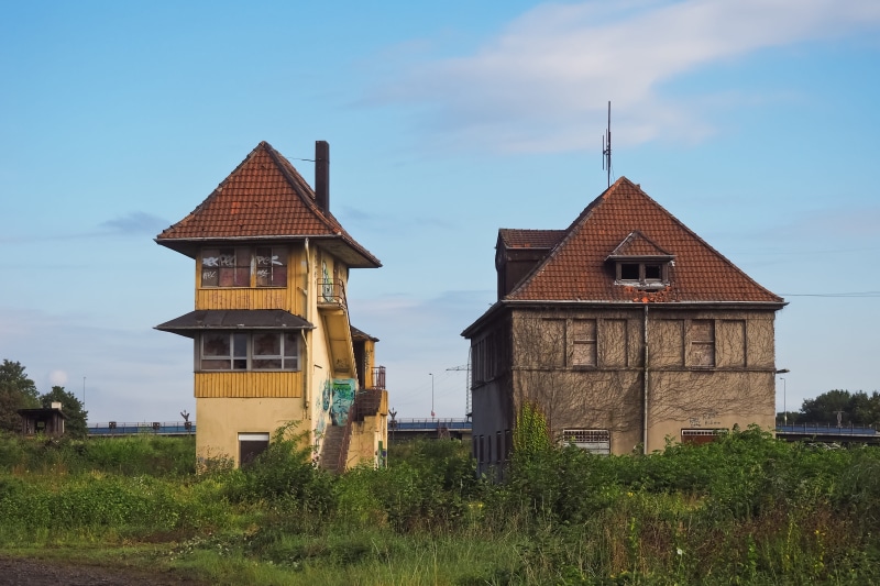 dilapidated, passed, weathered, architecture, signal box, field, building, train, unused, nature, sky, old building, landscape, dirty, home, transience