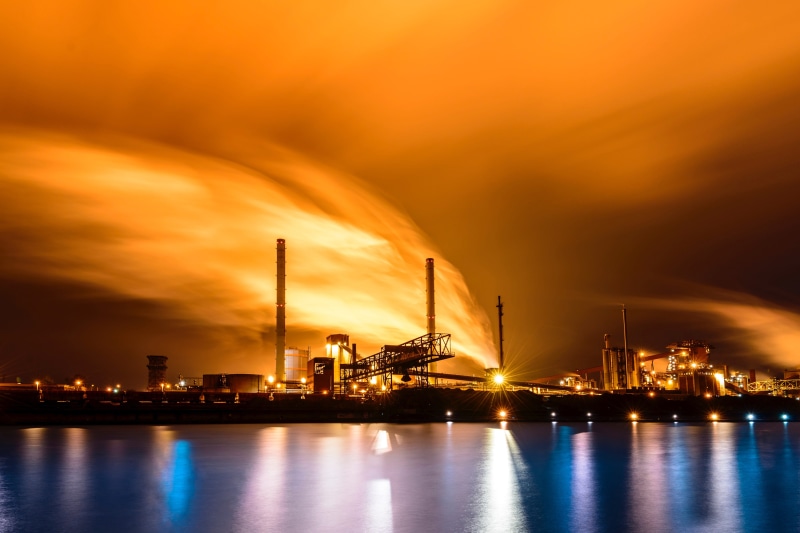 factory, no people, industry, night, reflection, building exterior, smoke, oil industry, air pollution, industrial district, water, fuel and power generation