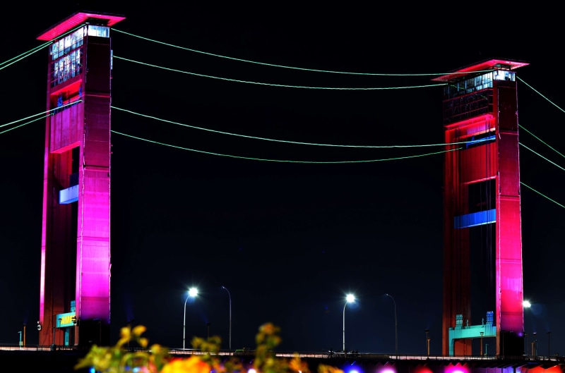 tall - high, city, arts culture and entertainment, light, jembatan ampera palembang wong kito, lighting equipment, built structure, cable, 4K, outdoors