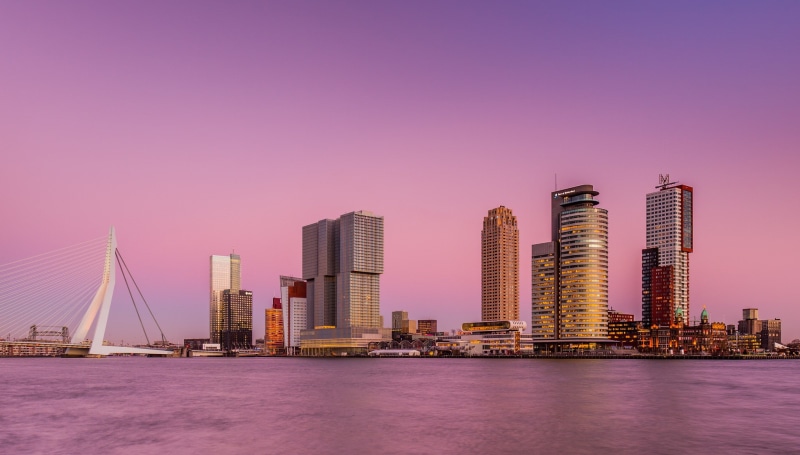 city, pink, 1080P, bridge, building, sky, skyscrapers, river, brown, concrete, Rotterdam, Netherlands