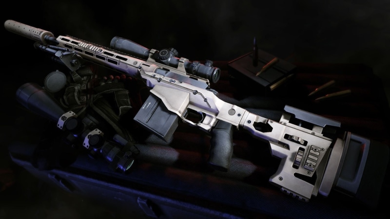 single object, black Color, war, 1080P, metal, rifle, black background, guns, retro styled, video, Remington MSR, night, sniping, close-up, no People