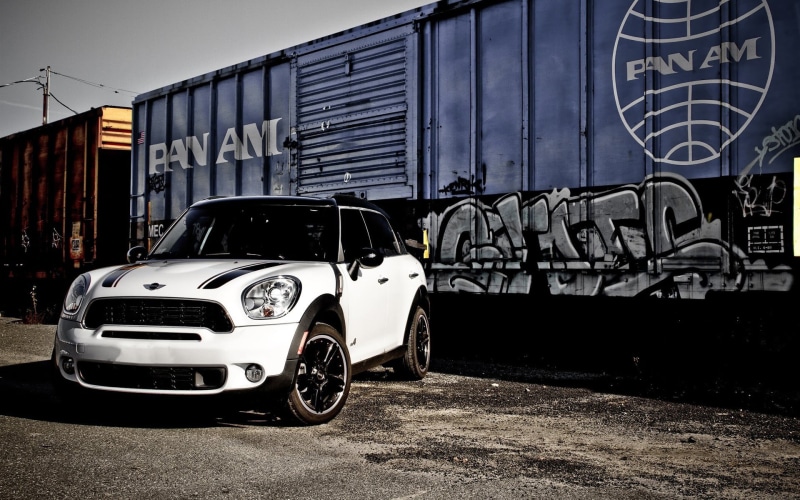 motor vehicle, transportation, city, white, Mini, day, no people, cooper, luxury, retro styled, stationary, parking, outdoors, garage, 1080P, street, building