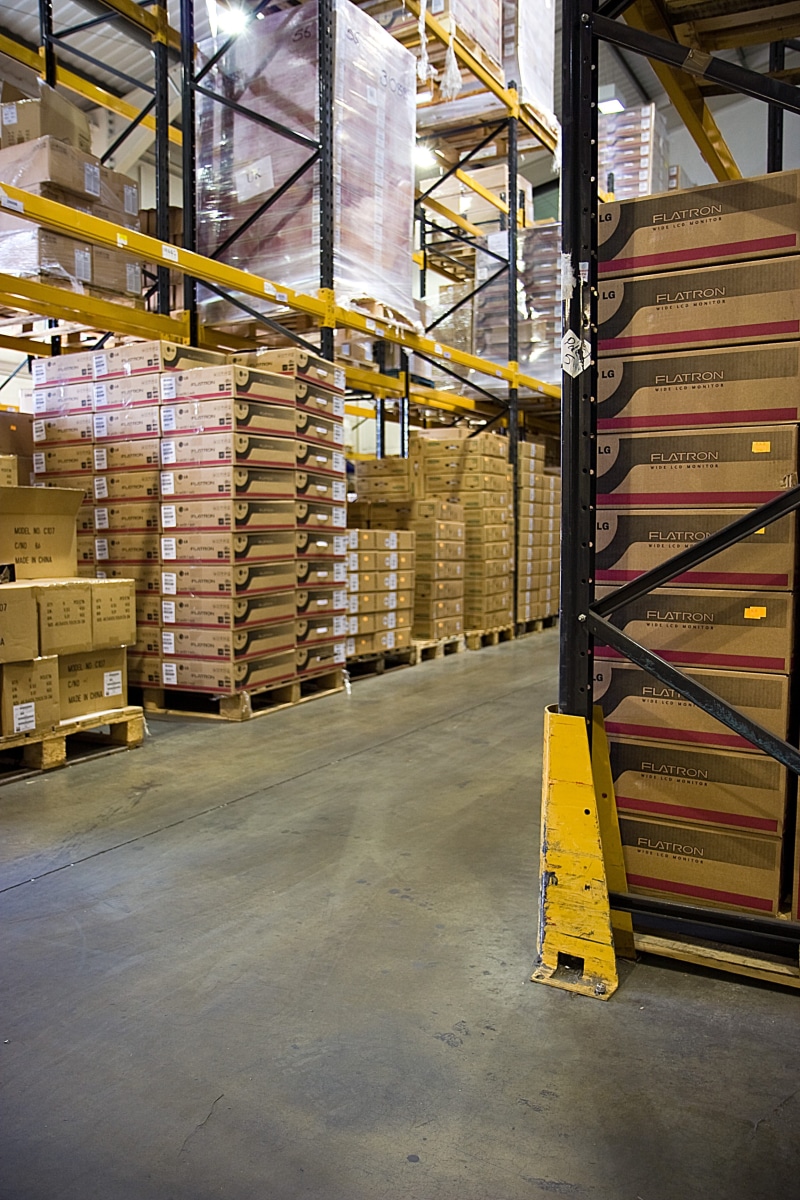 pallets, container, shipping, factory, indoors, stacked, aisle, LG, boxes, box, warehouse, large group of objects, stack, transportation, racking, no people