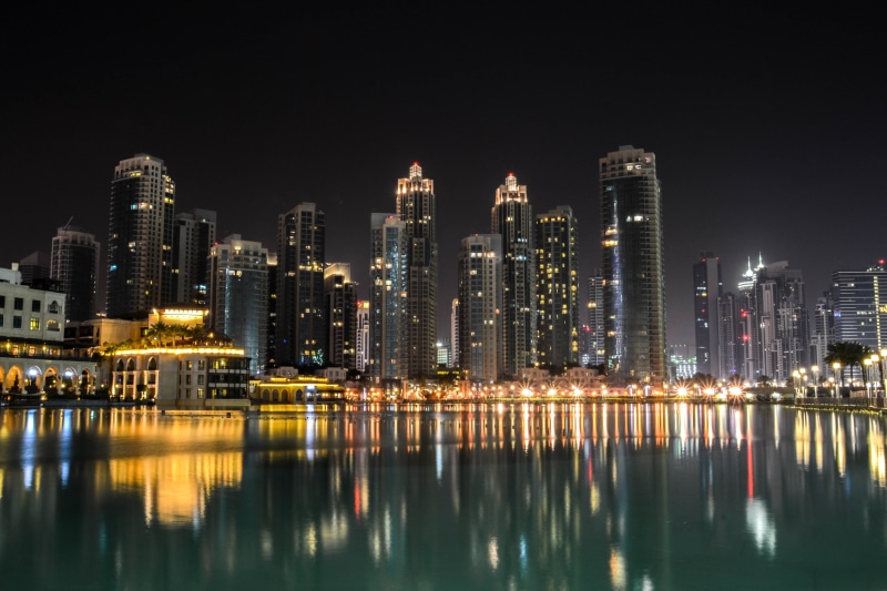 reflection, cityscape, night, dubai, 4K, urban Skyline, photo, Dubai  city, architecture, skyscraper, city, downtown District, nighttime