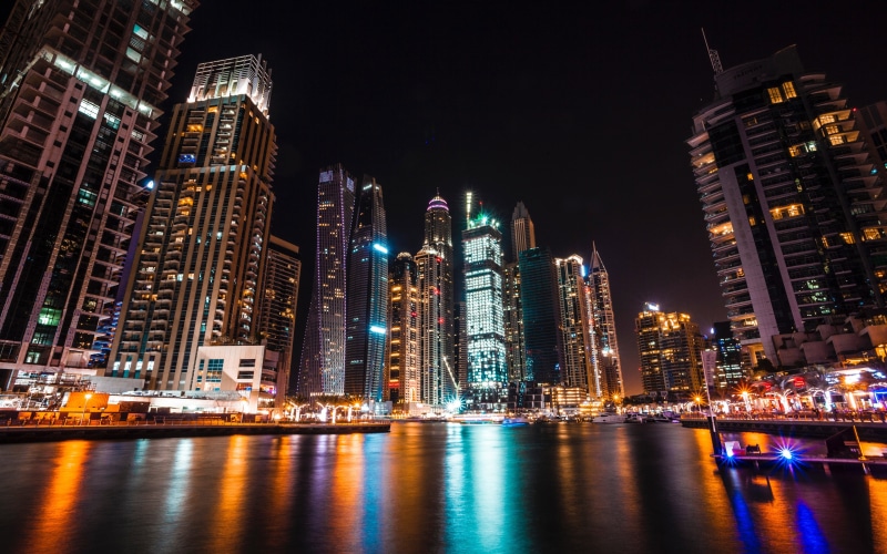 modern, building, waterfront, landscape, tower, skyscraper, dubai, night, building exterior, city, office building exterior, illuminated, financial district