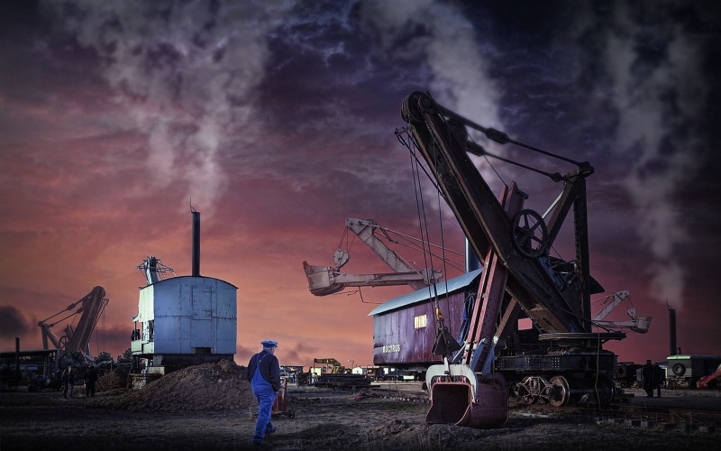 standing, industrial equipment, shovels, 720P, landscape, sky, engineering, pollution, real people, transportation, nature, people, machinery, cloud - sky