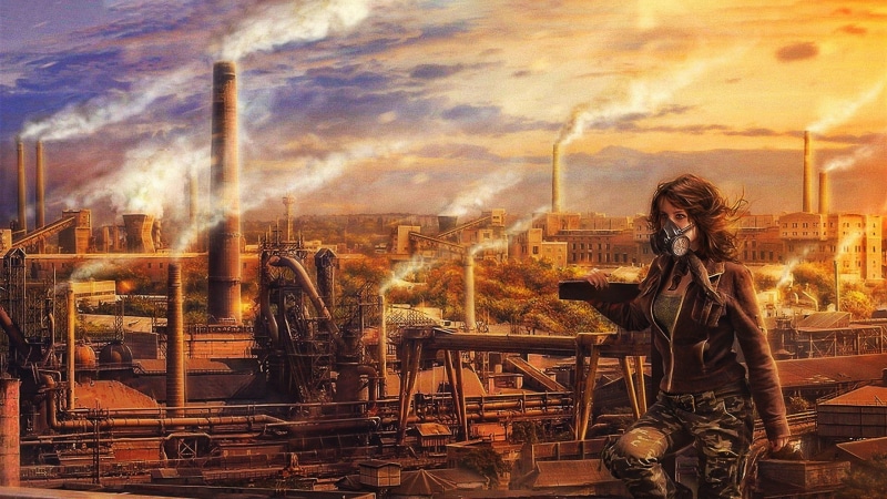 apocalyptic, industrial, sky, pollution, 1080P, artwork, women, gas masks