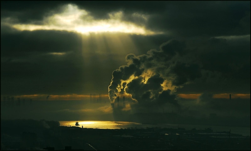 sky, dramatic sky, hour, gloomy, thunderstorm, scenics - nature, city, no people, outdoors, sunbeams, ominous, cloud - sky, clouds, power, 720P, air pollution