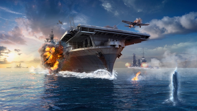 Water, The carrier, WoWS, Wave, 2K, Smoke, World of Warships, Aircraft, Clouds, Flame, The World Of Ships, Ship, Ships, Wargaming Net, The sky