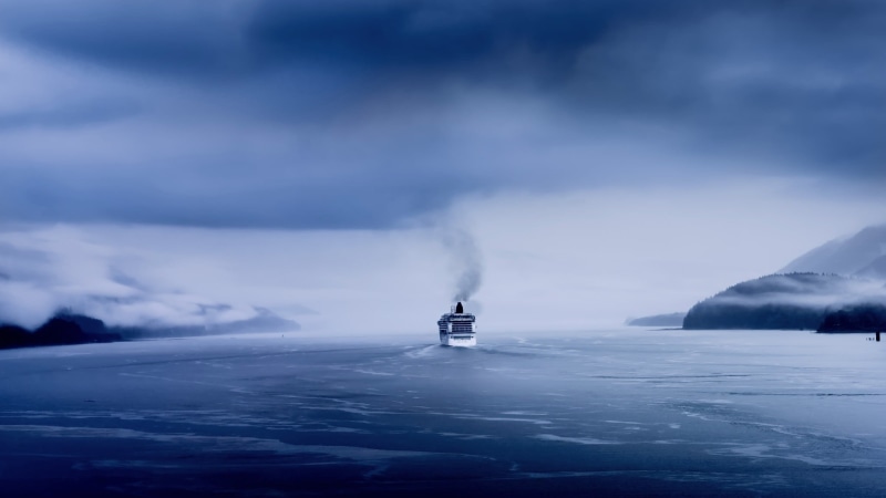 ship, cloud - sky, non-urban scene, geology, Maersk, clouds, mist, water, pollution, waves, no people, sea, day, mountains, smoke - physical structure