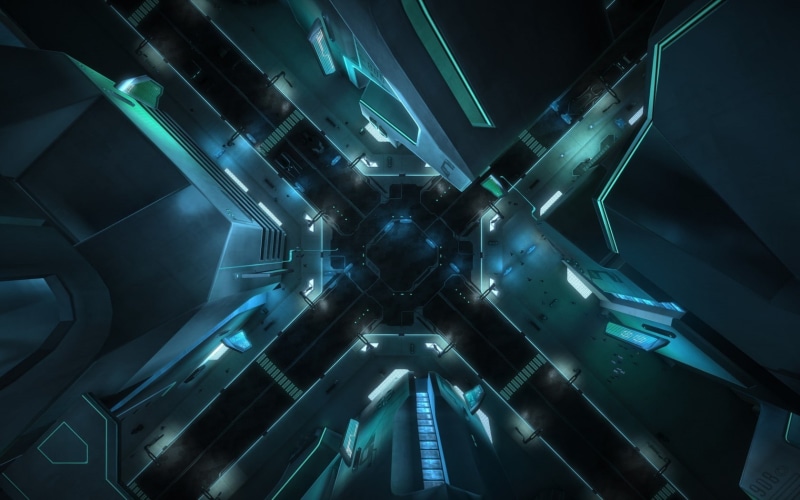 low angle view, close-up, Tron: Legacy, built structure, pattern, geometric shape, night, movies, building, ceiling, metal, 720P, technology, directly below