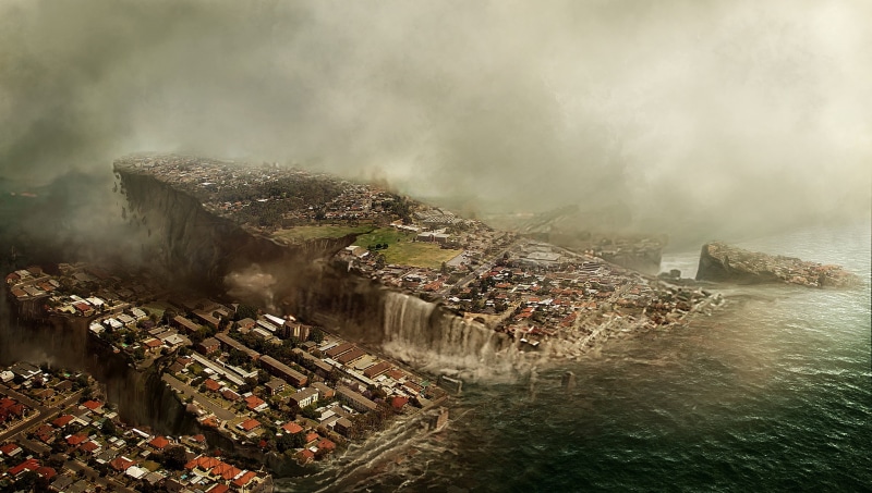 destruction, the city, the end of the world, the building, panorama, 1080P, Apocalypse, flood, the sky, break