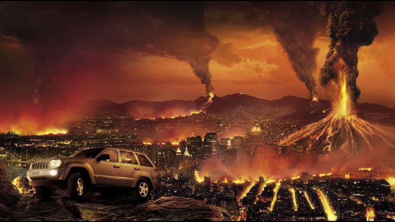 fire, volcanoes, building, grey, suv, jeep, Apocalypse, grand, cherokee, destruction, the city, 1080P, grand cherokee, car